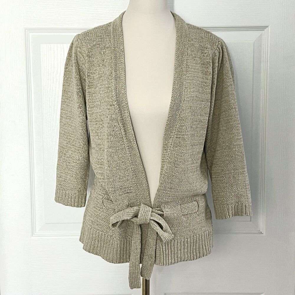 VTG C'est City Y2K Tan Belted Waist Open Front Cardigan Sweater Womens sz L